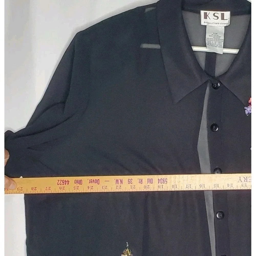 Karin Stevens Top Women 24W Black Sheer Open Back Short Sleeve Beaded Flower 90s - Picture 8 of 11